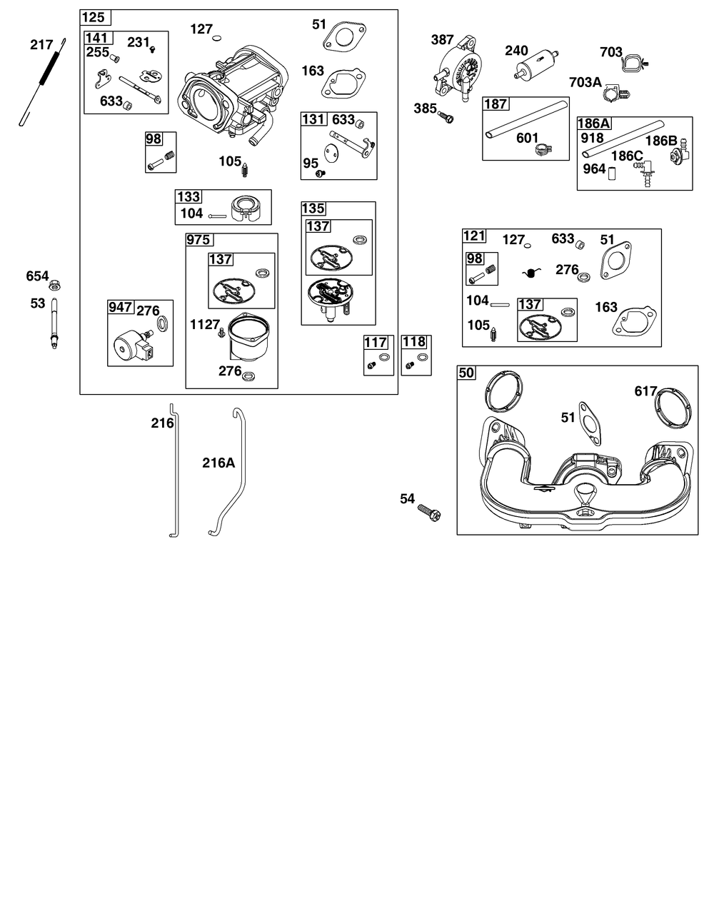 Carburetor And Fuel Supply Group Diagram and Parts List for 44U877-0003-B5 400000 - 699999 Briggs and Stratton Engine